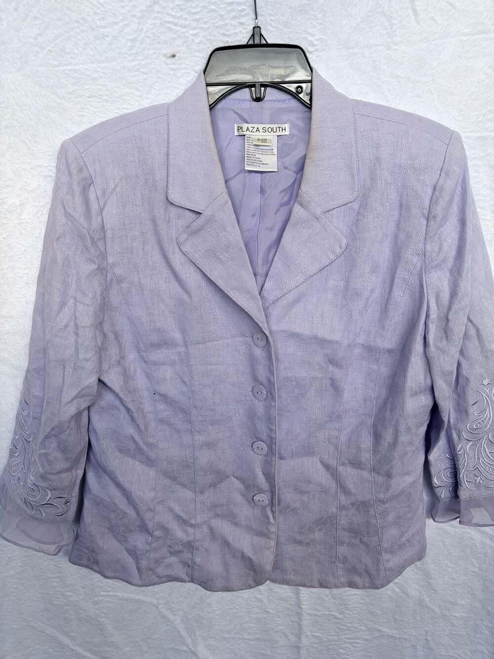 Plaza South Blazer Size 10 Lavender Embroidered Sleeve Jacket